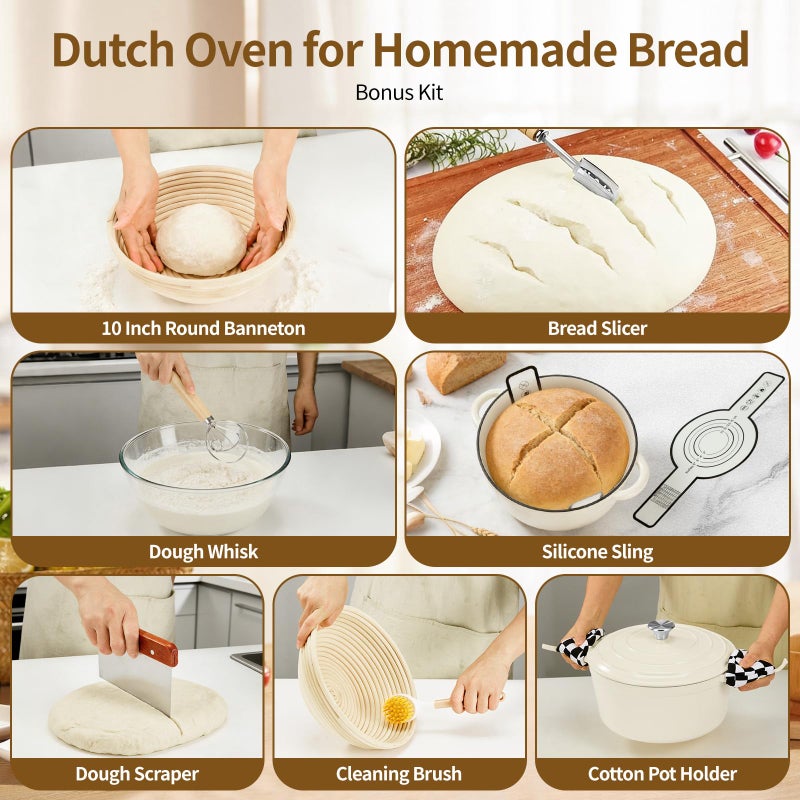 Blingco Enameled Cast Iron Dutch Oven with Lid -6.5 QT, incl. Sourdough Bread-Baking Supplies like Banneton Proofing Basket, Heavy Duty Cookware Bread-Oven for Baking, Stews, and Roasting, Cream White - Image 4