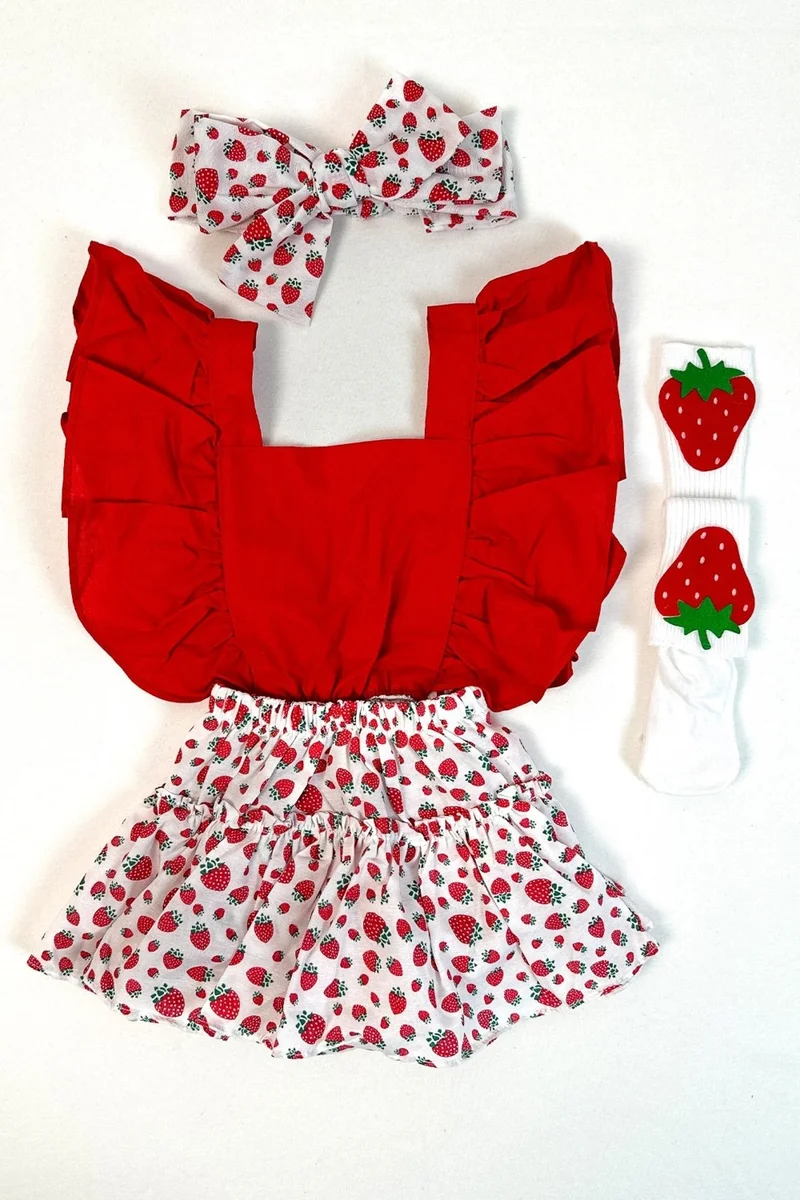 Ada Bebek Çocuk Ada Baby Kids Adabebek Girls Frilly Strawberry Patterned Knee Socks Set Bandana Salopette Set