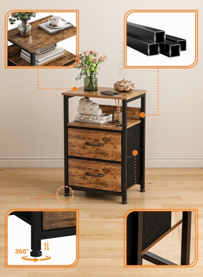 Harlan Nightstand with 2 Fabric Drawers, Simple Bedside Table, Space-Saving End Coffee Table, Side Table with Storage for Bedroom, Living Room, Brown - Image 4