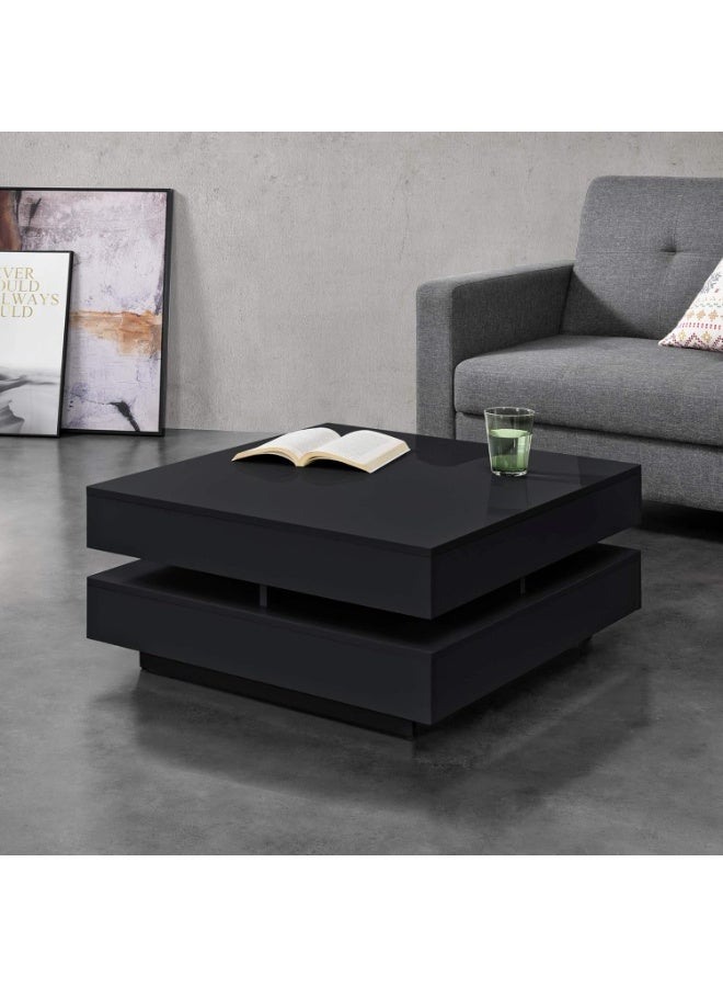Stylish Living Room Coffee Table with 4 Storage Compartments, 75 x 75 x 35.5 cm, 15 mm Melamine Particle Board, Glossy Black - Image 1