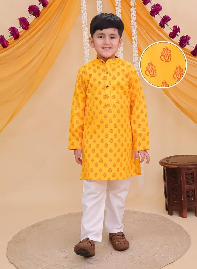 AJ DEZINES Boys Cotton Full Sleeve Letter Printed Kurta Pajama Set for Kids - Ethnic wear | Special Occasion & Traditional Outfit |Boys Kurta Set - Regular Fit (1290-GANPATI-8-9Y-8) - Image 2