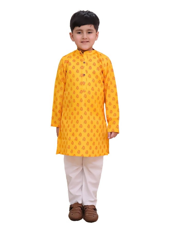 AJ DEZINES Boys Cotton Full Sleeve Letter Printed Kurta Pajama Set for Kids - Ethnic wear | Special Occasion & Traditional Outfit |Boys Kurta Set - Regular Fit (1290-GANPATI-8-9Y-8) - Image 1