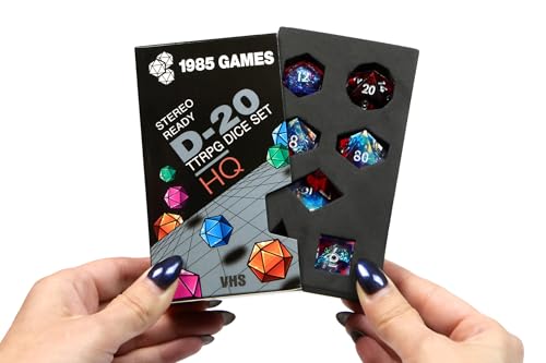 1985 Games Sharp Edge DND Dice Set Plasmic Punch Polyhedral Dice in Retro VHS Box TTRPG Dice Set Tabletop RPG Accessory Set of 7 - Image 1