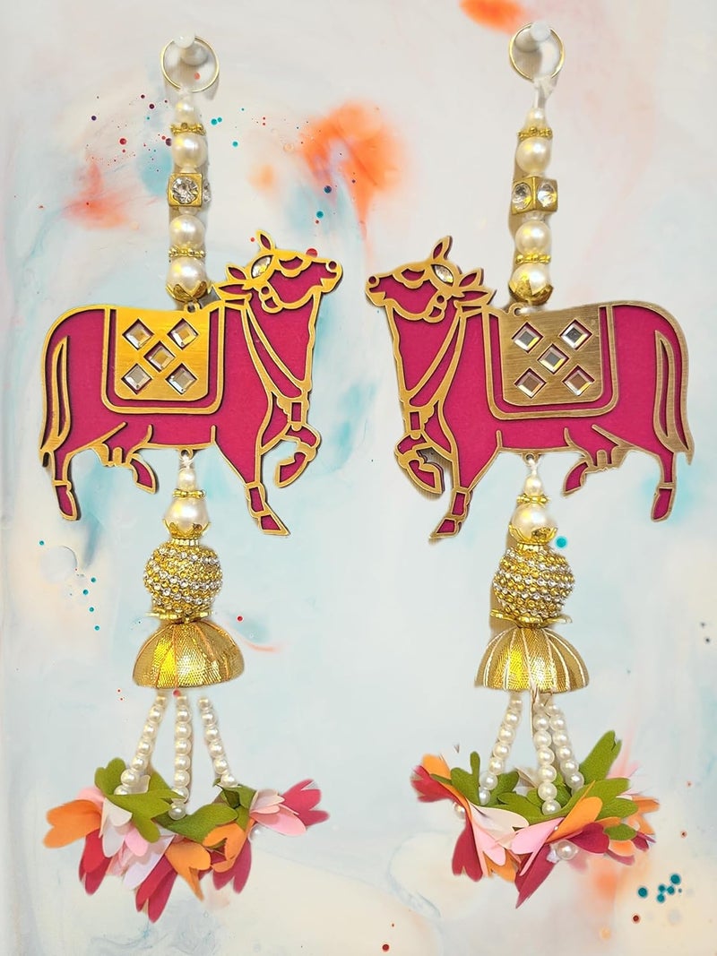 Kavya fashion Kavya Fashion Artificial MDF Cow Pichwai with Lotus Cutouts and Pom Poms Backdrop Hangings for Home Decorations, Multicolored Home Décor, Diwali Décor, Wedding and All Festival Décor, 1 Pair Design 2, 12 Inch  - Image 1