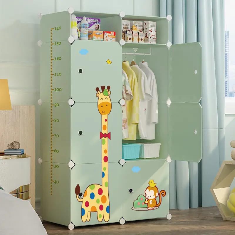 EXVITO Kids Portable DIY Cartoon Wardrobe | Multi-Shelf Almirah for Baby Clothes Storage | Plastic Kids Cupboard with Hanging Space | Sun Protection with Anti-Slip Handle (Dyno Green, 6 Door) - Image 1
