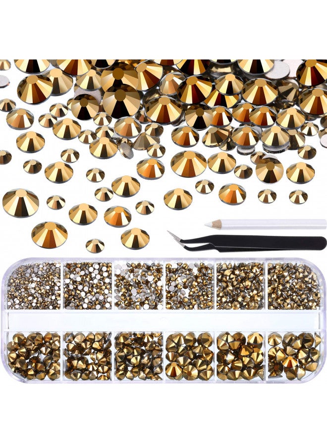 TecUnite 2000 قطعة من الجواهر المسطحة الخلفية كريستال دائري من الراينستون 6 أحجام (1.5-6 مم) مع ملقط لالتقاط الراينستون وقلم لالتقاط الراينستون للحرف الفنية فن الأظافر الوجه الملابس الأحذية الحقائب DIY (ذهبي معدني) - Image 1