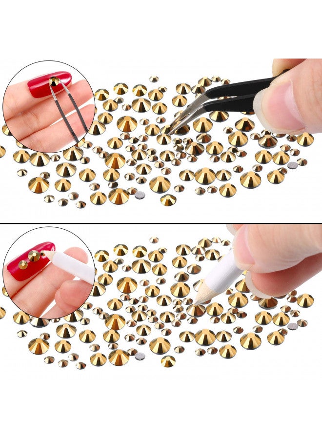 TecUnite 2000 قطعة من الجواهر المسطحة الخلفية كريستال دائري من الراينستون 6 أحجام (1.5-6 مم) مع ملقط لالتقاط الراينستون وقلم لالتقاط الراينستون للحرف الفنية فن الأظافر الوجه الملابس الأحذية الحقائب DIY (ذهبي معدني) - Image 3