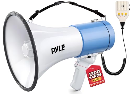 Pyle 50W Megaphone Bullhorn Portable Automatic Siren Adjustable VolumeProjection Range Up to 1200 Square Yards Aux Input Talk Siren Music Whistle Record Shoulder Strap WhiteBlue - Image 1
