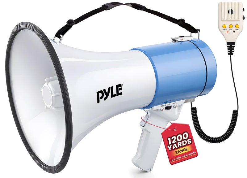 Pyle 50W Megaphone Bullhorn Portable Automatic Siren Adjustable VolumeProjection Range Up to 1200 Square Yards Aux Input Talk Siren Music Whistle Record Shoulder Strap WhiteBlue - Image 2