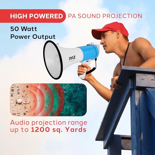 Pyle 50W Megaphone Bullhorn Portable Automatic Siren Adjustable VolumeProjection Range Up to 1200 Square Yards Aux Input Talk Siren Music Whistle Record Shoulder Strap WhiteBlue - Image 3