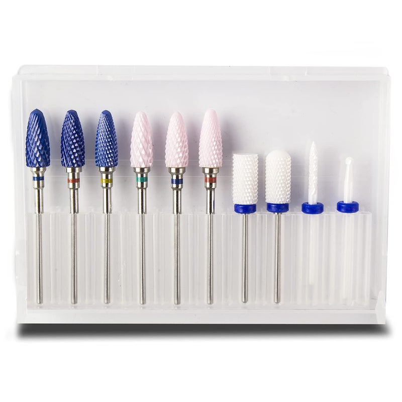 Feecy Nail Drill Bits Set Ceramic for Acrylic Nails Gel Polish Professional, 3/32 Inch Efile Nail Drill Bits Kit for Cuticle Safety Barrel Nail Art Tools with Holder, 10pcs (S10-C) - Image 1