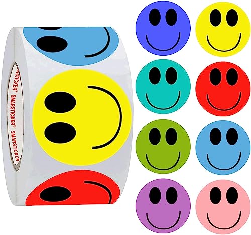 SMARSTICKER Color Yellow Happy Face Stickers - 2" Round Circle Christmas Teacher Kids Reward Labels - 500 Total Smiling Stickers - Image 1