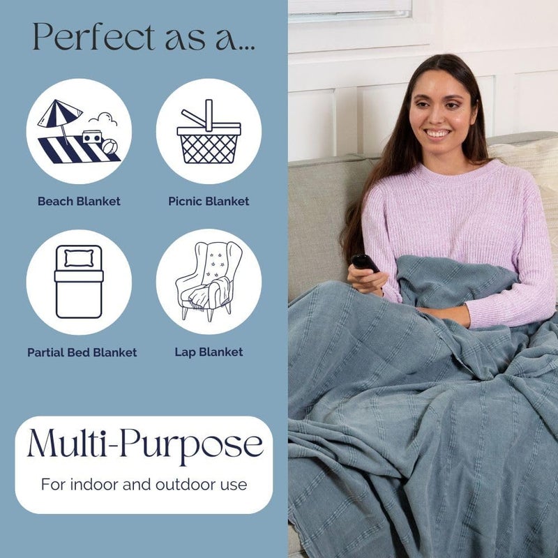 InfuseZen Large Stonewashed Turkish Throw Blanket  100 Organic Turkish Cotton  92 x 69  Soft Lightweight Cozy  Love Seat Sofa Bed Picnic Yoga  Sand Free Beach Blanket  Denim - Image 4