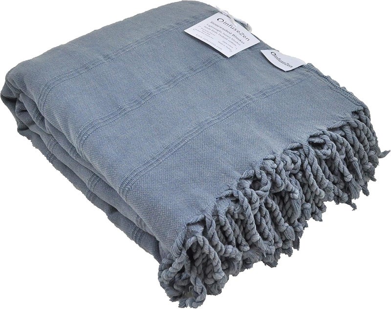 InfuseZen Large Stonewashed Turkish Throw Blanket  100 Organic Turkish Cotton  92 x 69  Soft Lightweight Cozy  Love Seat Sofa Bed Picnic Yoga  Sand Free Beach Blanket  Denim - Image 1