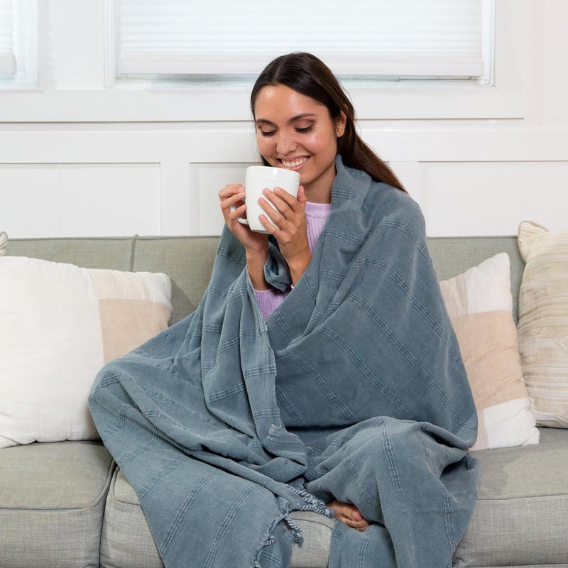 InfuseZen Large Stonewashed Turkish Throw Blanket  100 Organic Turkish Cotton  92 x 69  Soft Lightweight Cozy  Love Seat Sofa Bed Picnic Yoga  Sand Free Beach Blanket  Denim - Image 5