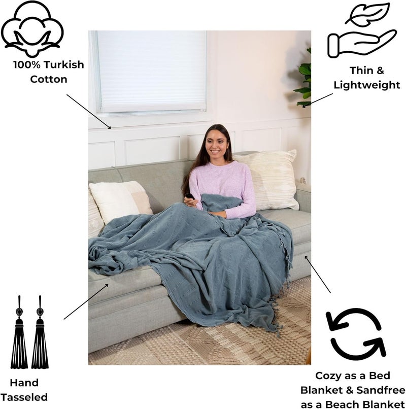 InfuseZen Large Stonewashed Turkish Throw Blanket  100 Organic Turkish Cotton  92 x 69  Soft Lightweight Cozy  Love Seat Sofa Bed Picnic Yoga  Sand Free Beach Blanket  Denim - Image 2
