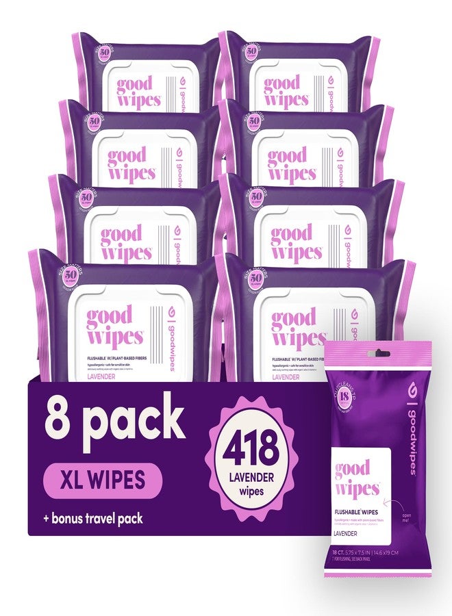 goodwipes Flushable Butt Wipes - Vitamin E & Aloe - Sewer & Septic Safe - Extra Large Adult Wet Wipes For Women & Men - Bathroom Essentials - Lavender, 418 Count (8 Packs + 1 Travel) - Image 1