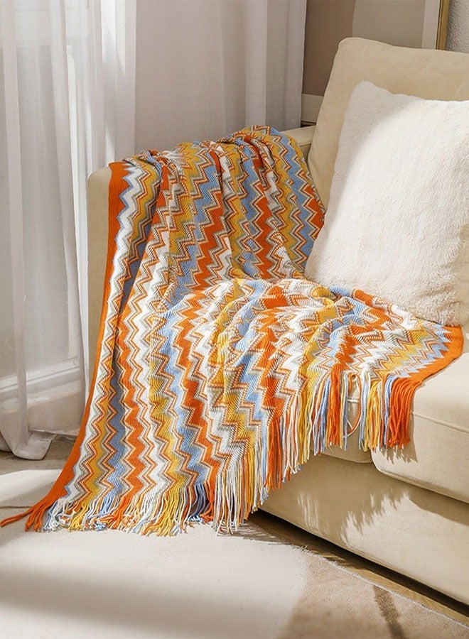 KNITTED TASSEL BLANKETS, SUPER SOFT COZY LIGHTWEIGHT DECORATIVE THROW BLANKETS FOR COUCH , BED, SOFA, OUTDOOR THROW BLANKET ALL SEASONS 127X178CMORANGE COLOR