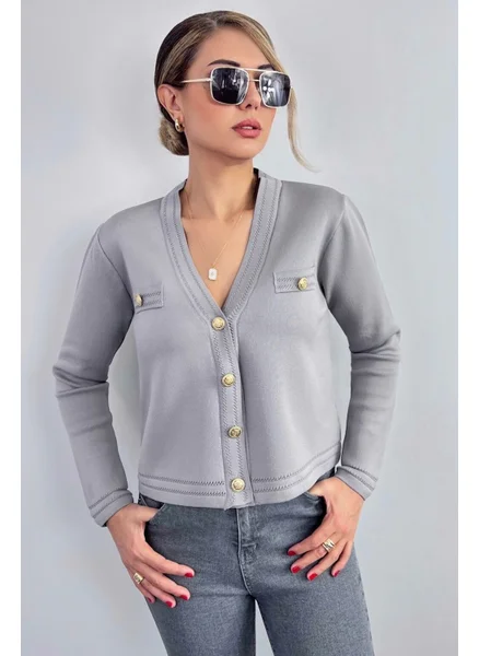 ريتنيس Women's Lia Gray Gold Buttoned Knitwear Cardigan