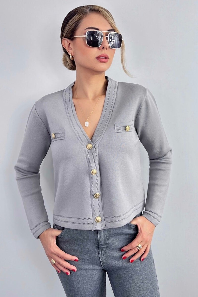 Ritnice Women's Lia Gray Gold Buttoned Knitwear Cardigan  - Image 1