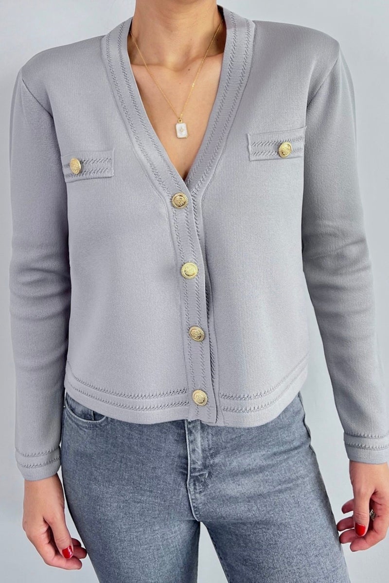 Ritnice Women's Lia Gray Gold Buttoned Knitwear Cardigan  - Image 2