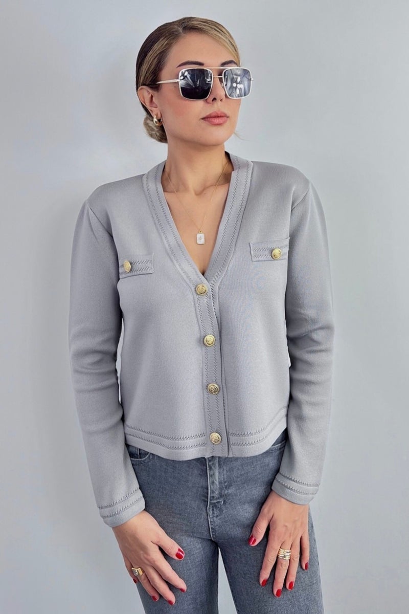 Ritnice Women's Lia Gray Gold Buttoned Knitwear Cardigan  - Image 4