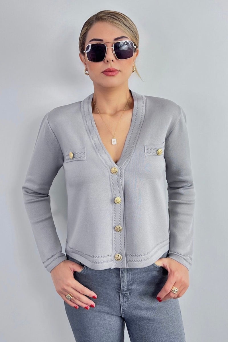 Ritnice Women's Lia Gray Gold Buttoned Knitwear Cardigan  - Image 5