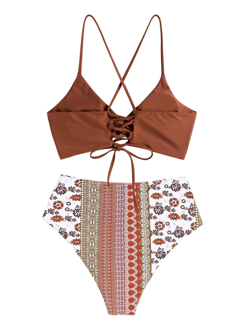 ZAFUL Twist High Waisted Bikini for Women Cross Lace Up Bathing Suit Ruched Bikini Swimsuits Tummy Control Swimwear Orange Tribal L - Image 3