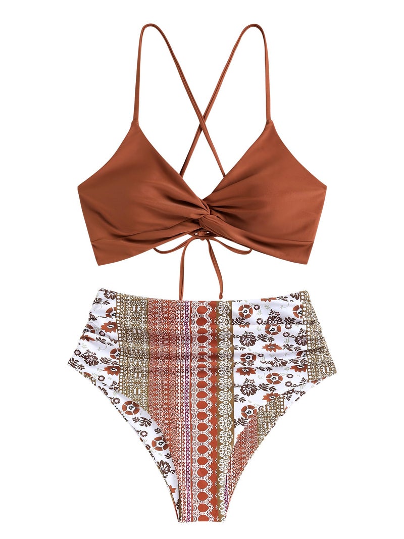 ZAFUL Twist High Waisted Bikini for Women Cross Lace Up Bathing Suit Ruched Bikini Swimsuits Tummy Control Swimwear Orange Tribal L - Image 2