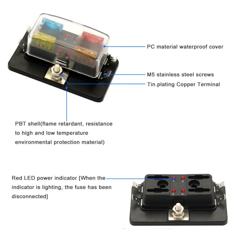 4 Way Fuse Box: 5A 10A 15A 20A Fuses, Screw Wiring For Robust Connection - Numbered Fuse Holders For Easy Identification, Red LED Warning Indicator Fuse Block for Car Electrical Systems - Image 2