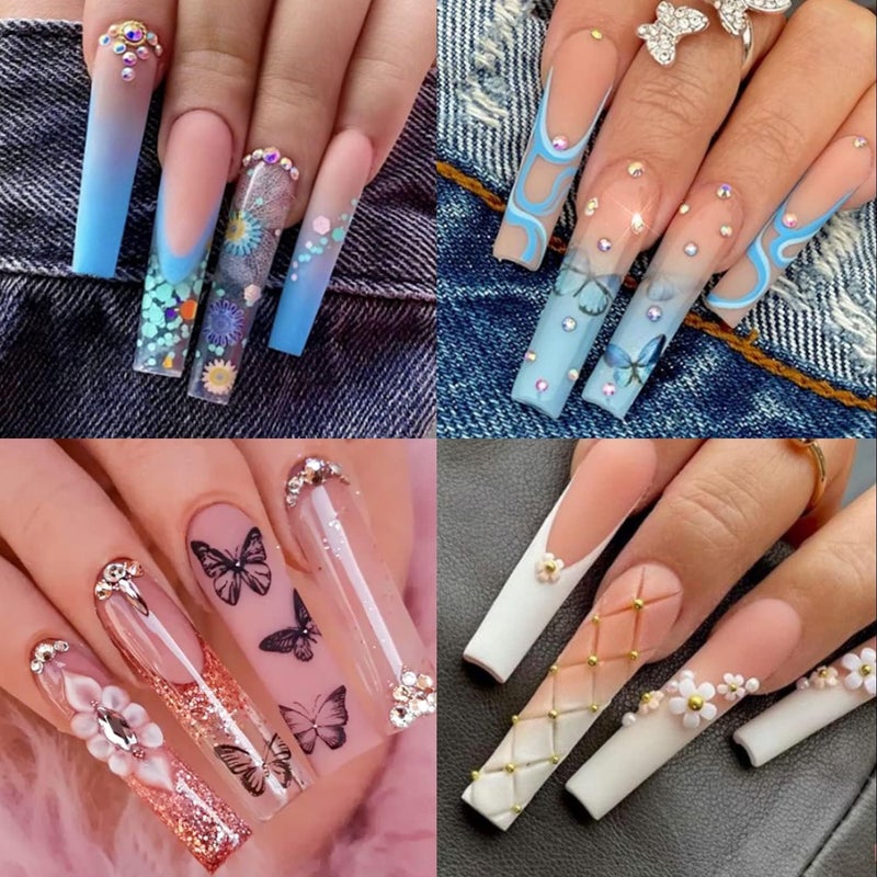 UNA GELLA أظافر مزيفة هلامية مربعة كاملة مبردة مسبقًا 120 قطعة، أظافر مضغوطة XXL بدون انحناء C، أطراف أظافر طويلة جدًا مسطحة شفافة، أطراف هلامية ناعمة مدببة مربعة تطبيقات مختلفة - Image 2