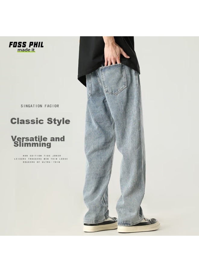 Foss Phil Men's Jeans, Spring And Summer, Loose Straight-leg, Versatile, Trendy, Wide-leg, American Casual Pants, Medium Blue, XL - Image 1