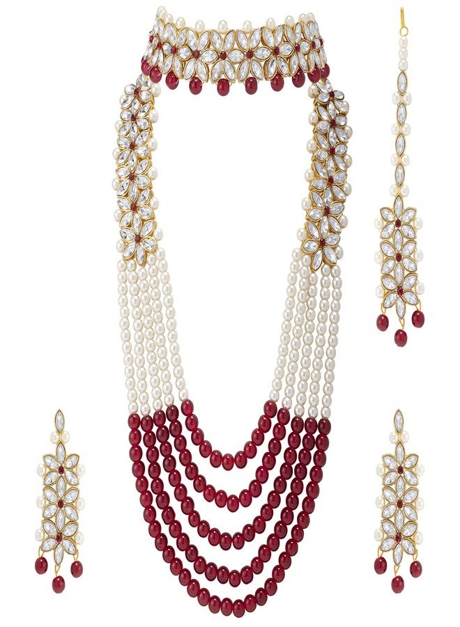 Peora Indian Traditional Gold Plated Crystal Pearl Wedding Bridal Necklace Jewellery Set with Earring Maang Tikka for Women Girls - Image 1