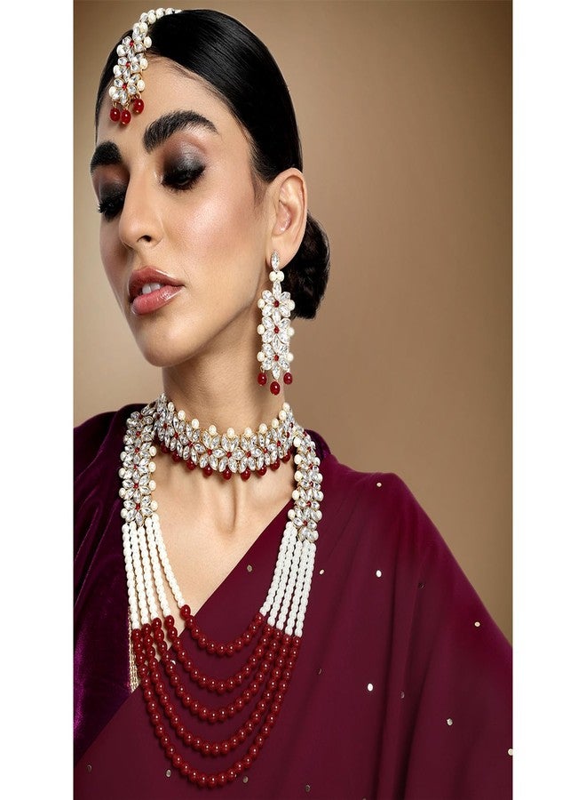 Peora Indian Traditional Gold Plated Crystal Pearl Wedding Bridal Necklace Jewellery Set with Earring Maang Tikka for Women Girls - Image 2