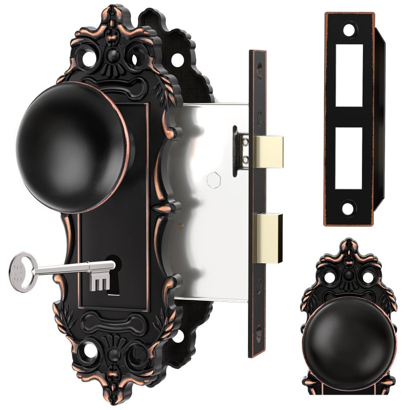CEYMIO Mortise Lock Door Knobs Interior Oil Rubbed Bronze Door Knob Antique Door Handle Skeleton Key Privacy Vintage Door Locks for Bedrooms Bathroom - Image 2