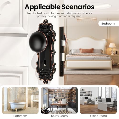 CEYMIO Mortise Lock Door Knobs Interior Oil Rubbed Bronze Door Knob Antique Door Handle Skeleton Key Privacy Vintage Door Locks for Bedrooms Bathroom - Image 3