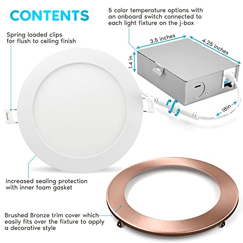 LUXRITE 6 Inch Ultra Thin LED Recessed Light with J-Box, 12W, 5 Color Options 2700K | 3000K | 3500K | 4000K | 5000K, Dimmable Wafer Light, 1000 Lumens, Copper Trim, Energy Star, IC Rated (4 Pack) - Image 3
