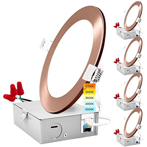 LUXRITE 6 Inch Ultra Thin LED Recessed Light with J-Box, 12W, 5 Color Options 2700K | 3000K | 3500K | 4000K | 5000K, Dimmable Wafer Light, 1000 Lumens, Copper Trim, Energy Star, IC Rated (4 Pack) - Image 1