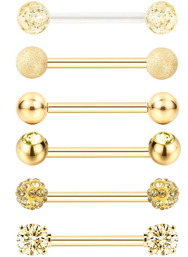 Sumind 6 Pairs Tongue Ring Stainless Steel Barbell Rings Cubic Zirconia Nipplerings Body Piercing Jewelry, 14 Gauge (Gold Color) - Image 2