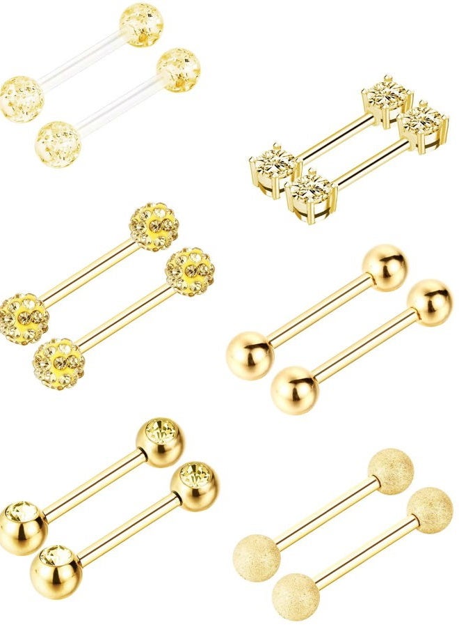 Sumind 6 Pairs Tongue Ring Stainless Steel Barbell Rings Cubic Zirconia Nipplerings Body Piercing Jewelry, 14 Gauge (Gold Color) - Image 1