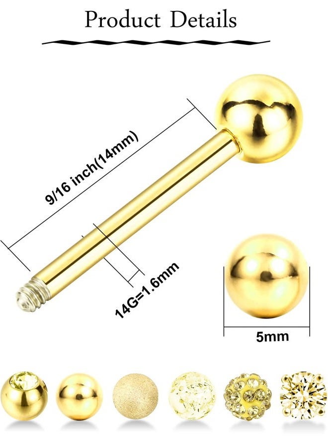 Sumind 6 Pairs Tongue Ring Stainless Steel Barbell Rings Cubic Zirconia Nipplerings Body Piercing Jewelry, 14 Gauge (Gold Color) - Image 3