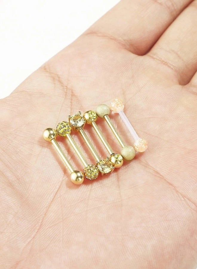 Sumind 6 Pairs Tongue Ring Stainless Steel Barbell Rings Cubic Zirconia Nipplerings Body Piercing Jewelry, 14 Gauge (Gold Color) - Image 4