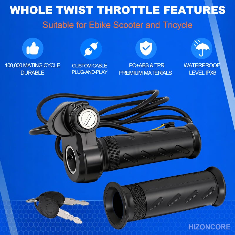 Hizoncore Upgraded Full Twist Throttle Ridstar Q20, Plug & Play No Rewiring 12V-72V Universal 3 Pin E-Bike Throttle with Key Lock for Scooter and Trike - Image 5