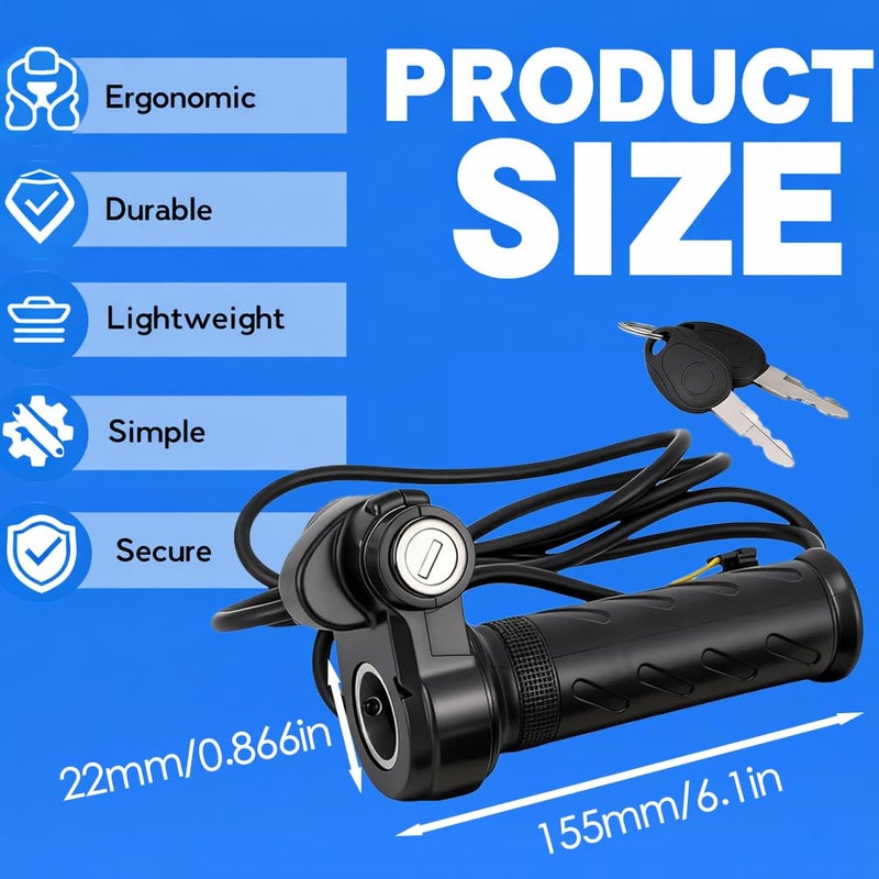 Hizoncore Upgraded Full Twist Throttle Ridstar Q20, Plug & Play No Rewiring 12V-72V Universal 3 Pin E-Bike Throttle with Key Lock for Scooter and Trike - Image 4