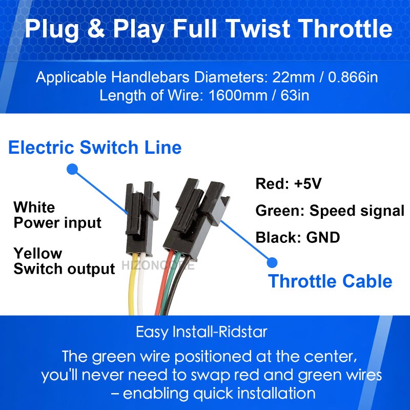 Hizoncore Upgraded Full Twist Throttle Ridstar Q20, Plug & Play No Rewiring 12V-72V Universal 3 Pin E-Bike Throttle with Key Lock for Scooter and Trike - Image 3