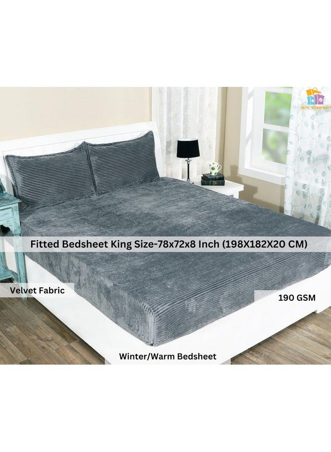 RD TREND 190 GSM Warm Flannel Elastic Fitted Striped bedsheets for Winter King Size(78X72X8 Inch) with 2 Pillow Cover Size 18x28 Inches, Color-Grey, Striped - Image 2