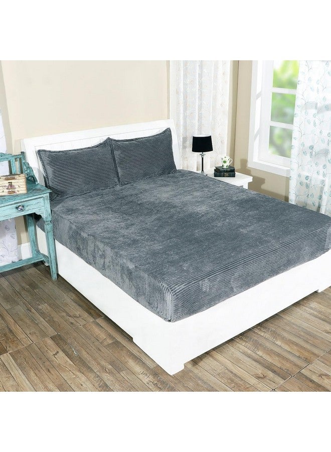 RD TREND 190 GSM Warm Flannel Elastic Fitted Striped bedsheets for Winter King Size(78X72X8 Inch) with 2 Pillow Cover Size 18x28 Inches, Color-Grey, Striped - Image 1