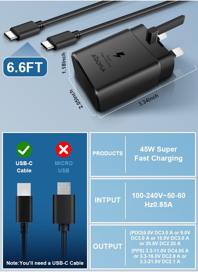 Xoopla - 45W Type C Super Fast Charger for Samsung Phone,PD 3.0 USB C Charger Compatible for Samsung Galaxy S24 23 Series/Z Fold 6 5  /Z Flip 6 /Galaxy Tab S9 and More Android Cell Phone,Travel Charger Adapter with 6.6FT 5A Data Cable UK Plug - Image 1