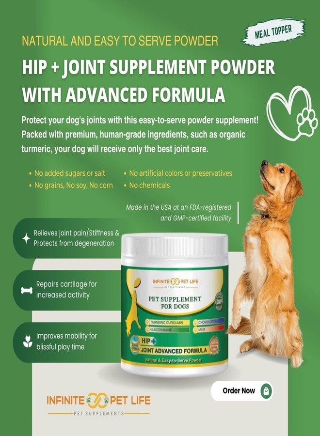 Infinite Pet Supplements مسحوق مكمل غذائي للورك والمفاصل من إنفينيت بيت لايف للكلاب - جلوكوزامين، ميثيل سلفونيل ميثان، كوندرويتين، وكركم | دعم متقدم للحركة لجميع الأعمار والكلاب النشطة - 12.7 أونصة - Image 3
