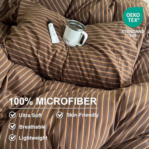 Erwinmu Duvet Cover Set Queen Size Brown Striped Bedding Set for Girls Boys,Modern Back to School Duvet Cover Kids with Zipper Closure and 2 Pillowcases - Image 3